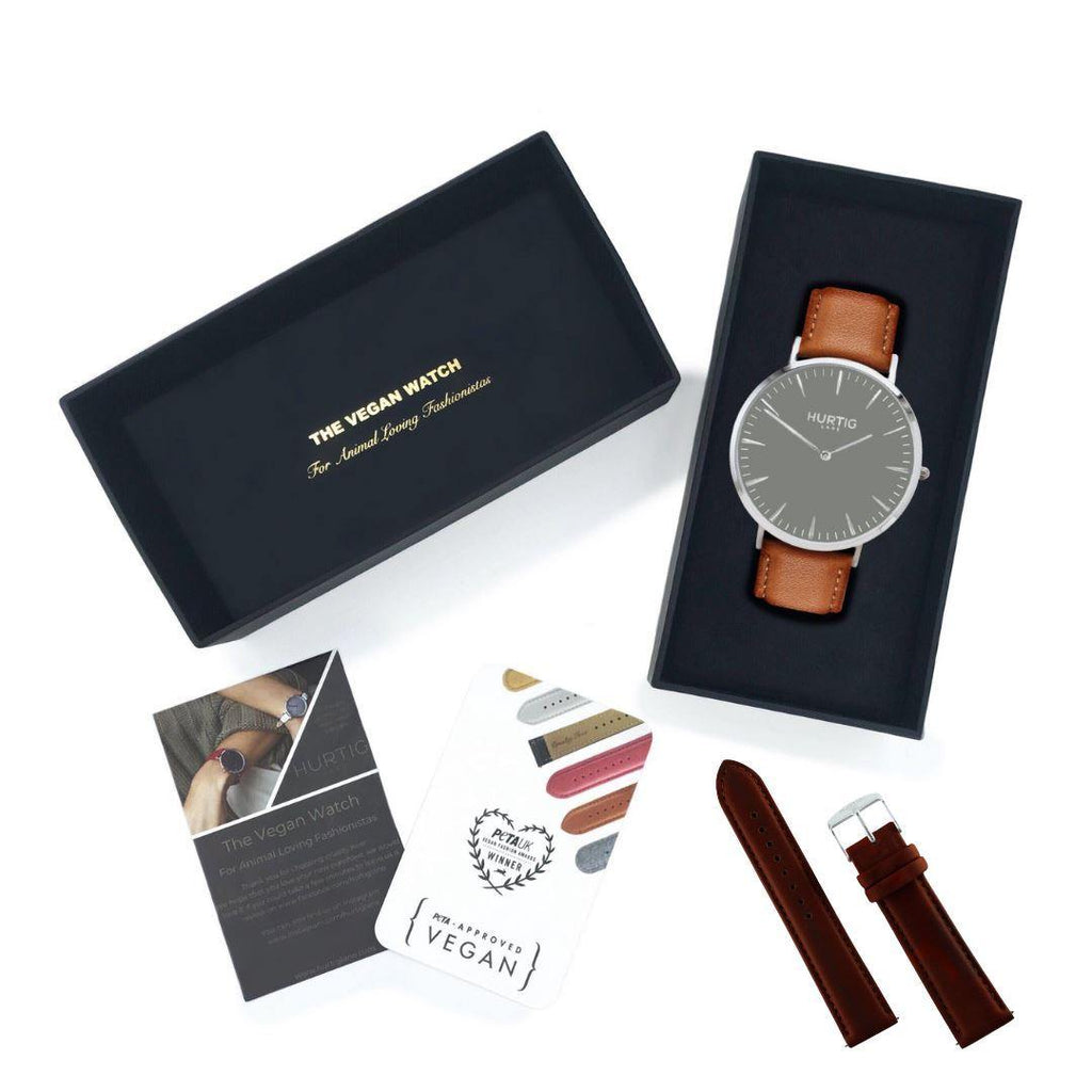 Vegan friendly gift set. Vegan watch silver/grey/tan and chestnut strap