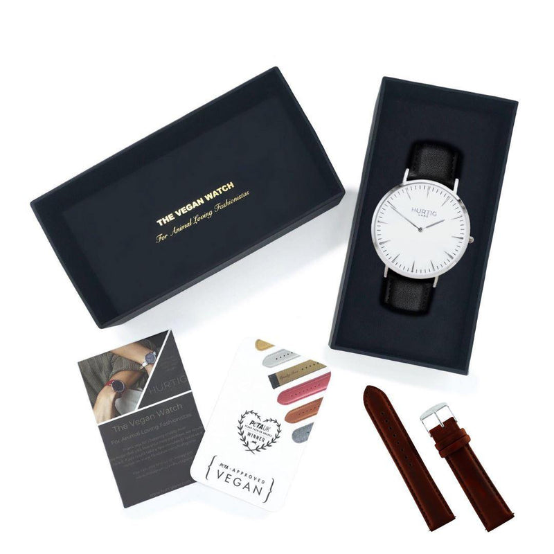 Vegan friendly gift set vegan watch silver/white/black and chestnut brown strap