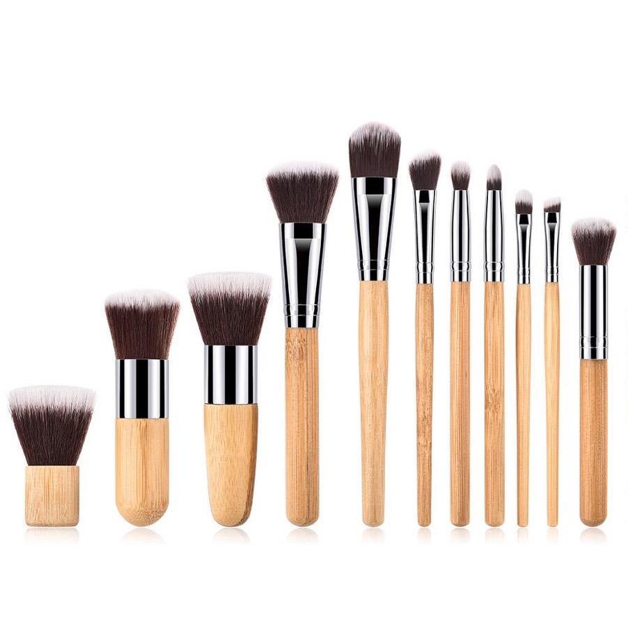 Full Vegan Makeup Brush Set- Bamboo and Silver Makeup Brushes Hurtig Lane