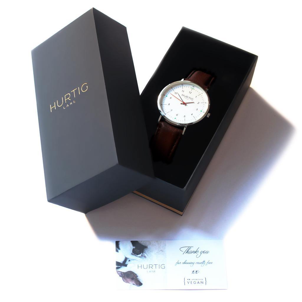 hurtig lane vegan leather watch silver, white and dark brown. Vegane uhren