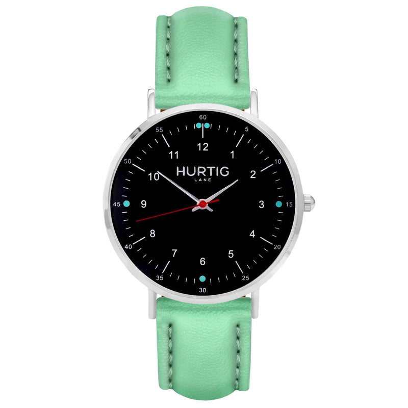 Moderno Vegan Leather Watch Silver, Black & Mint Watch Hurtig Lane Vegan Watches