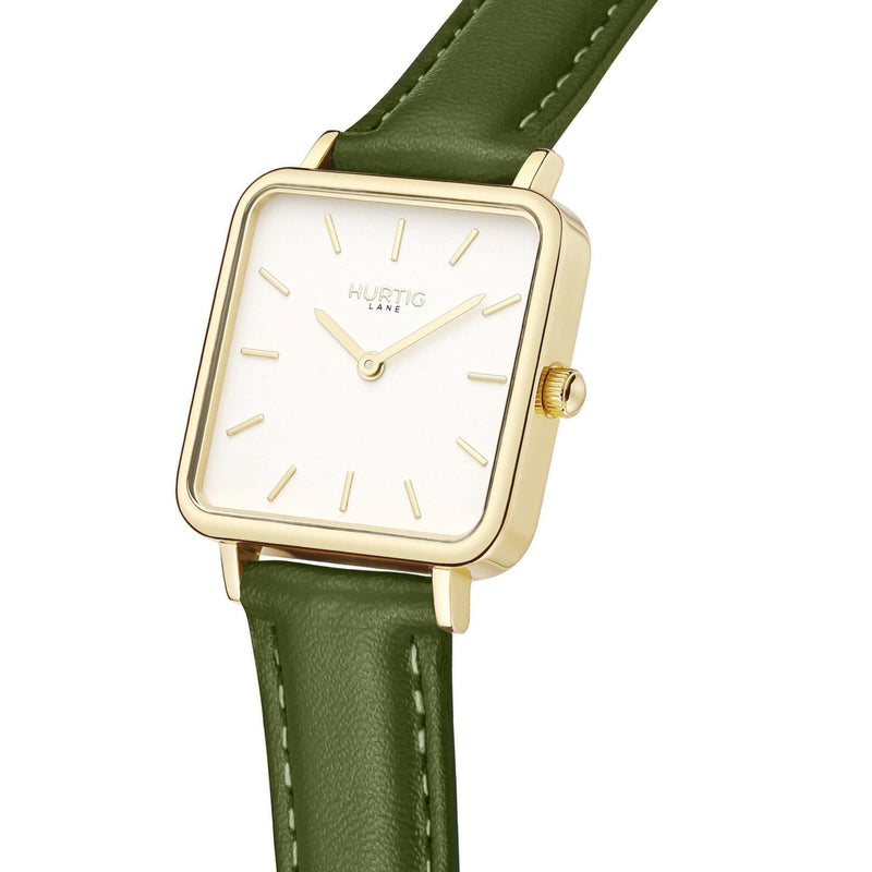 Neliö Square CACTUS Leather Watch Gold, White & Green Watch Hurtig Lane Vegan Watches