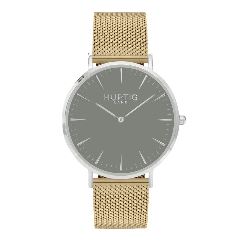 grey and gold mesh watch