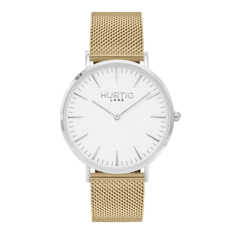 silver and gold mesh watch